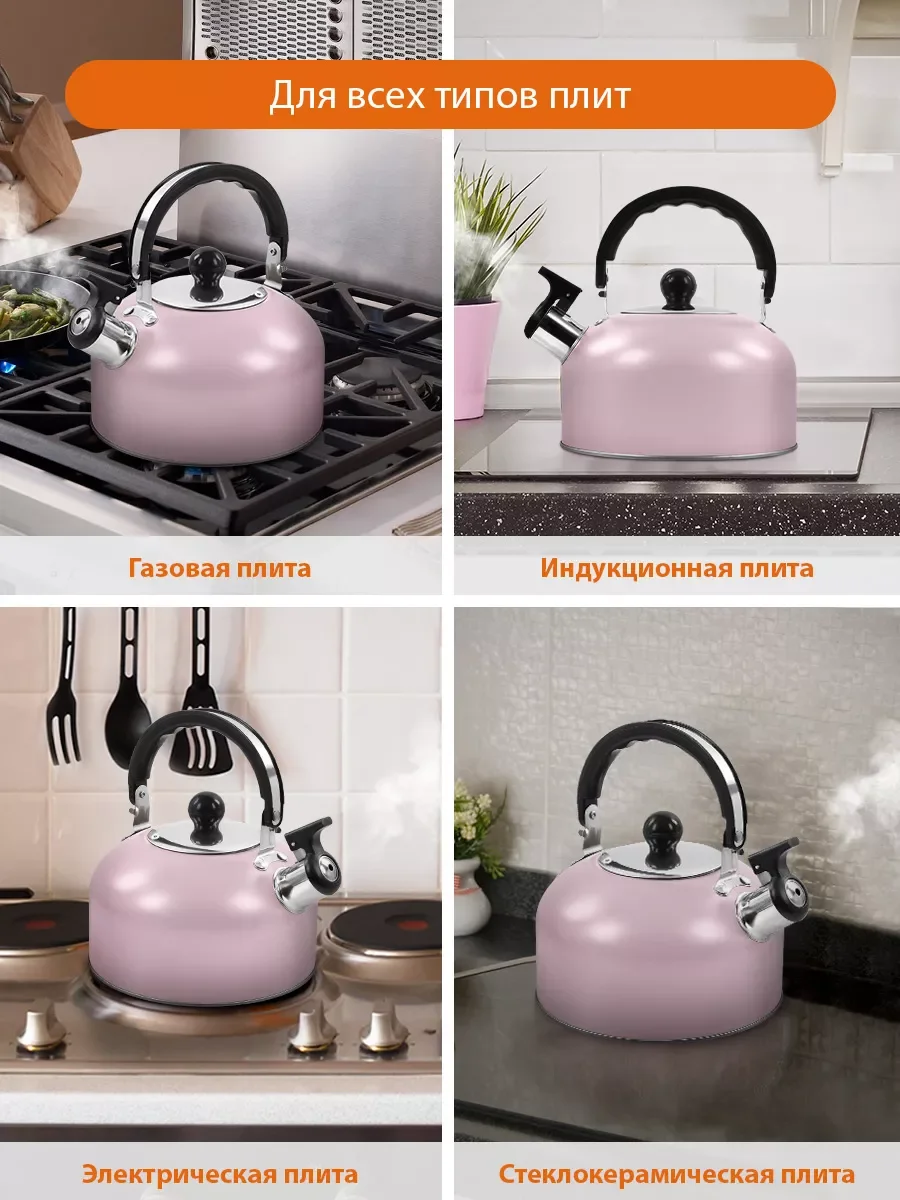Розовый чайник со свистком HOME ELEMENT HE-WK1602, 2л, нерж. сталь, розовый матовый