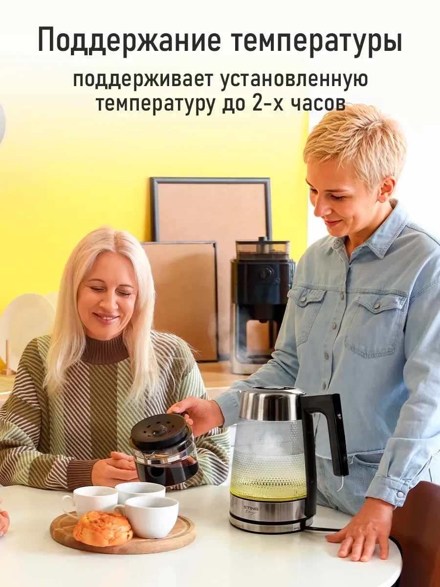 Черный чайник электрический STINGRAY ST-KT3019A стеклянный 2л, Двойные стенки/ эффект термоса