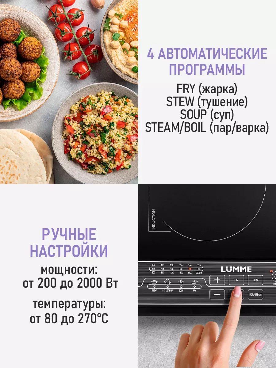 Черный электрическая индукционная безимпульсная плитка LUMME LU-HP3646A чёрная