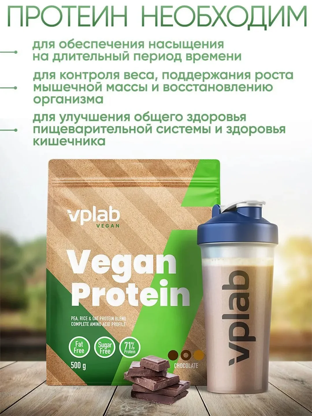 VPLAB Vegan Protein, Растительный протеин из гороха и риса, порошок 500г
