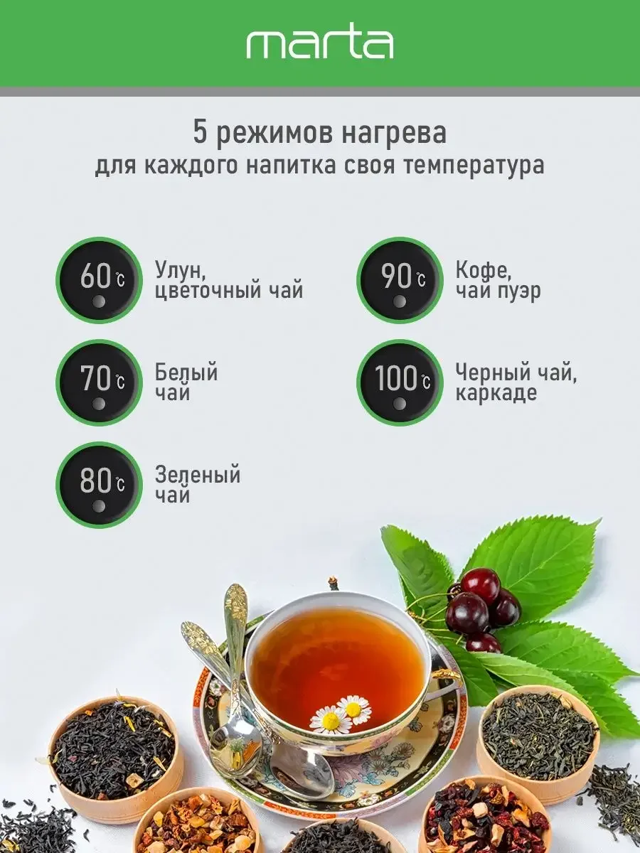 Черный чайник электрический MARTA MT-4611 стеклянный 1,8 Л с терморегулятором/5 режимов/подсветка