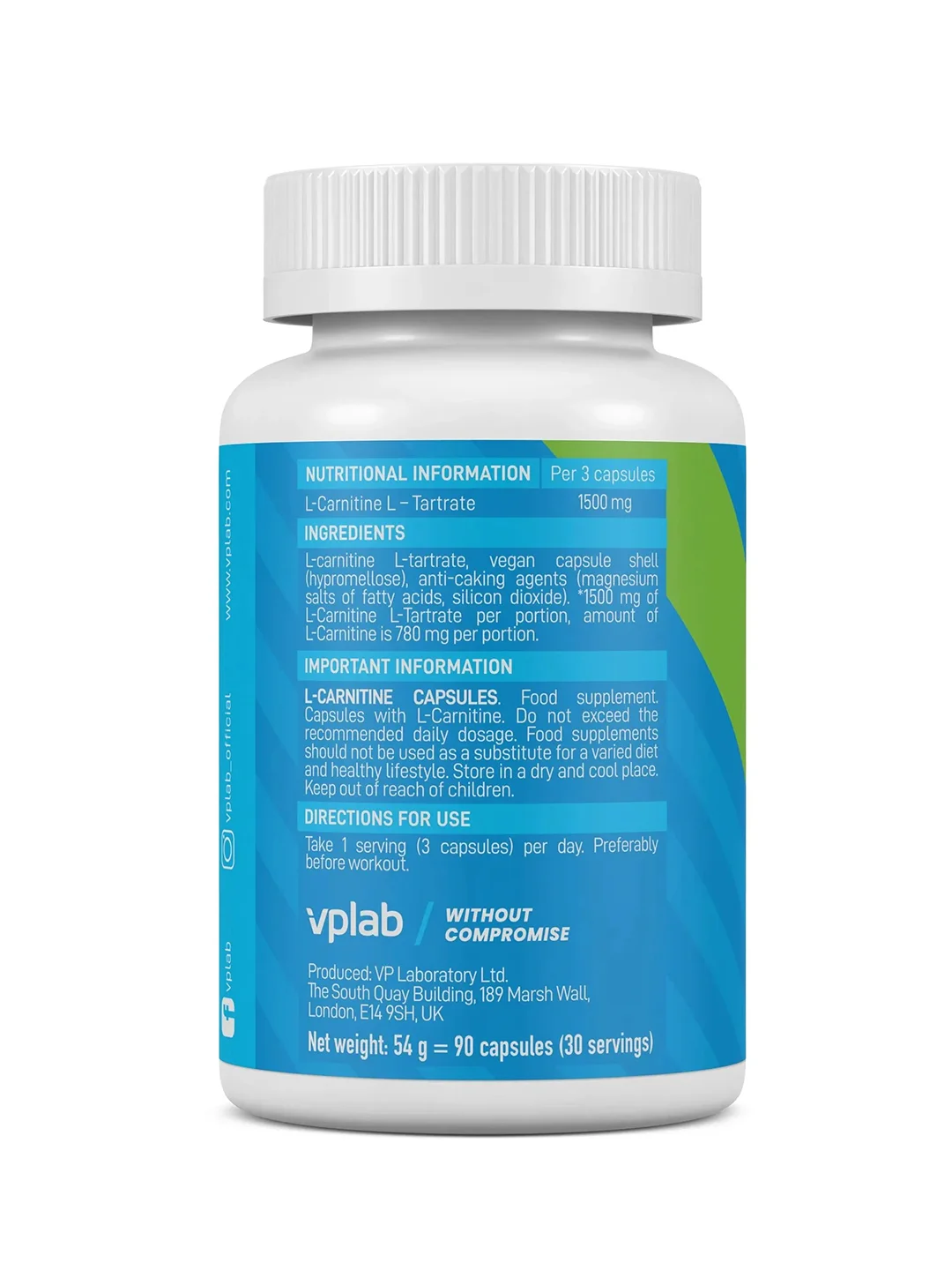 Vplab L-Сarnitine, L-карнитин для похудения, 90 капсул