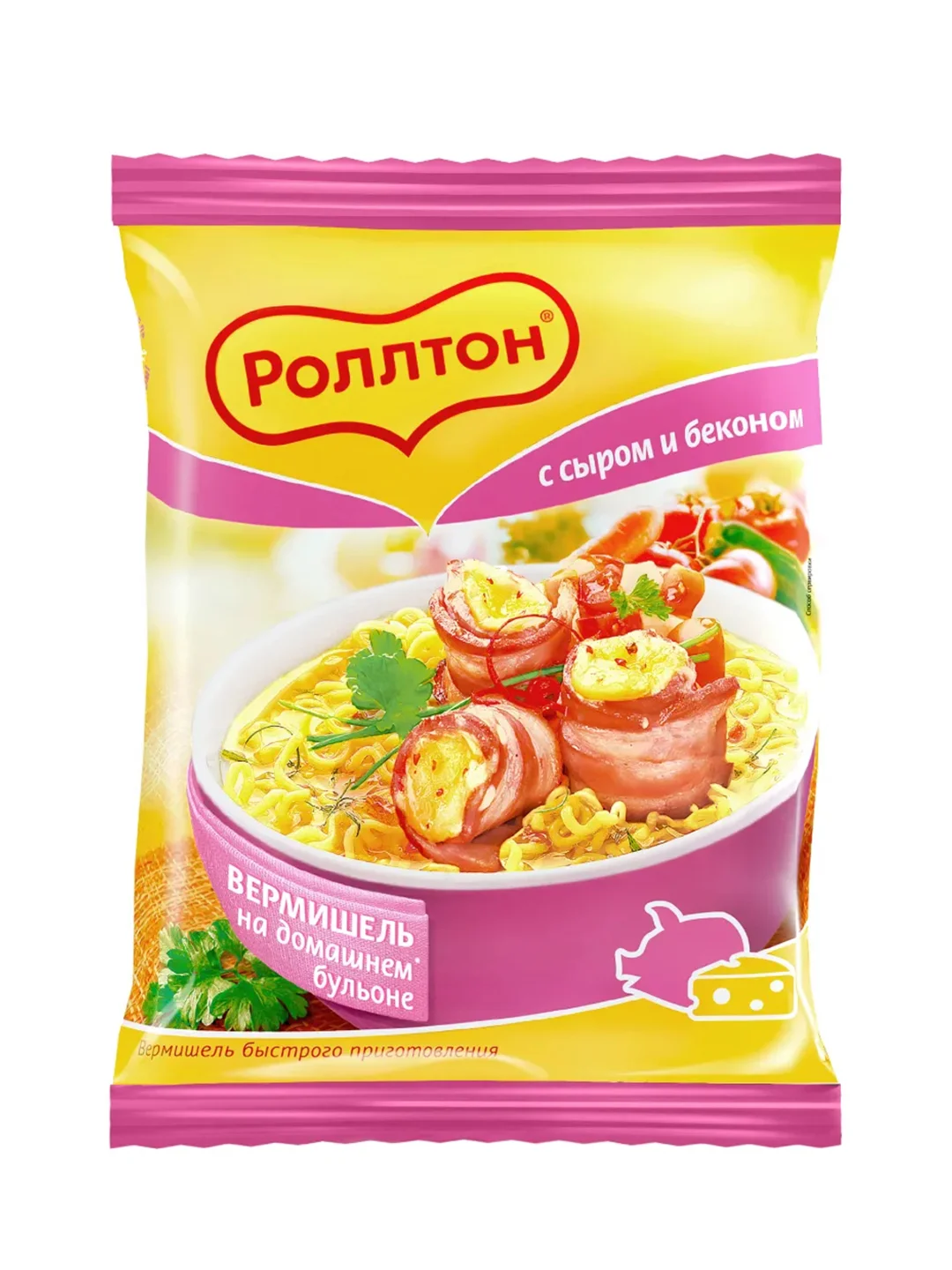 Вермишель быстрого приготовления Роллтон на домашнем бульоне с сыром и беконом, 60г
