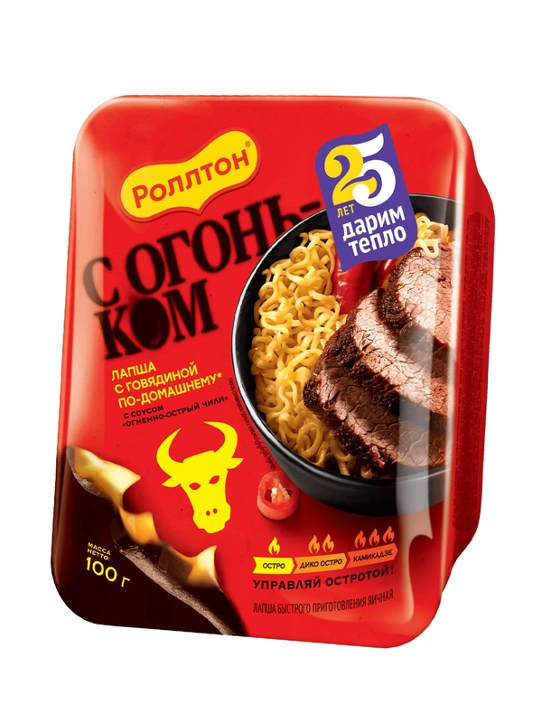Лапша быстрого приготовления Роллтон с говядиной с соусом Огненно-острый чили, 100г