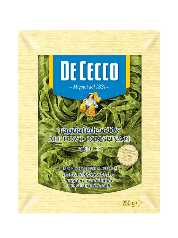 Макаронные изделия De Cecco, ТАЛЬЯТЕЛЛЕ АЛЛ УОВО СО ШПИНАТОМ №107, 250г