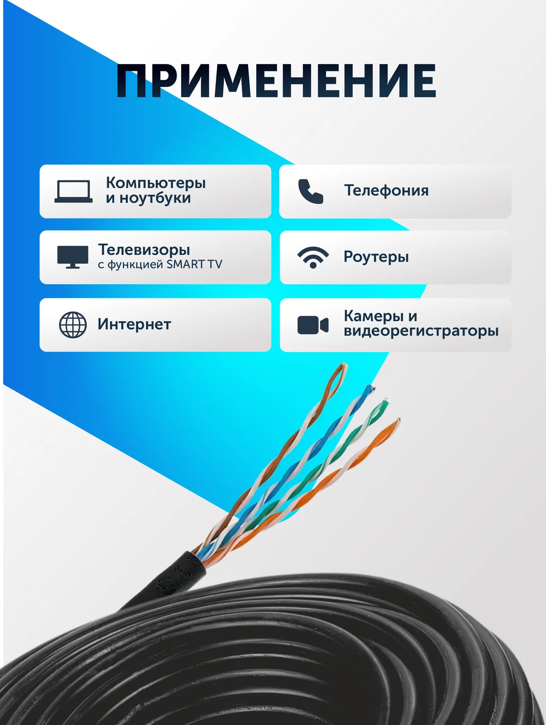 Кабель витая пара UTP 4PR 24AWG Cu CAT 5e (0.48) 25-305м черный уличный кабель чистая медь