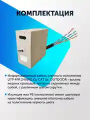 Кабель витая пара UTP 4PR 24AWG Cu CAT 5e (0.48) 25-305м черный уличный кабель чистая медь