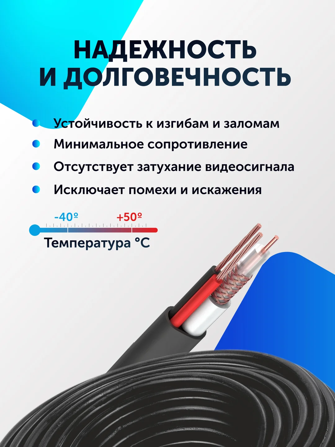 КВК-2П Кабель для видеонаблюдения комбинированный 2х0.5мм 25-200 м. уличный экранированный