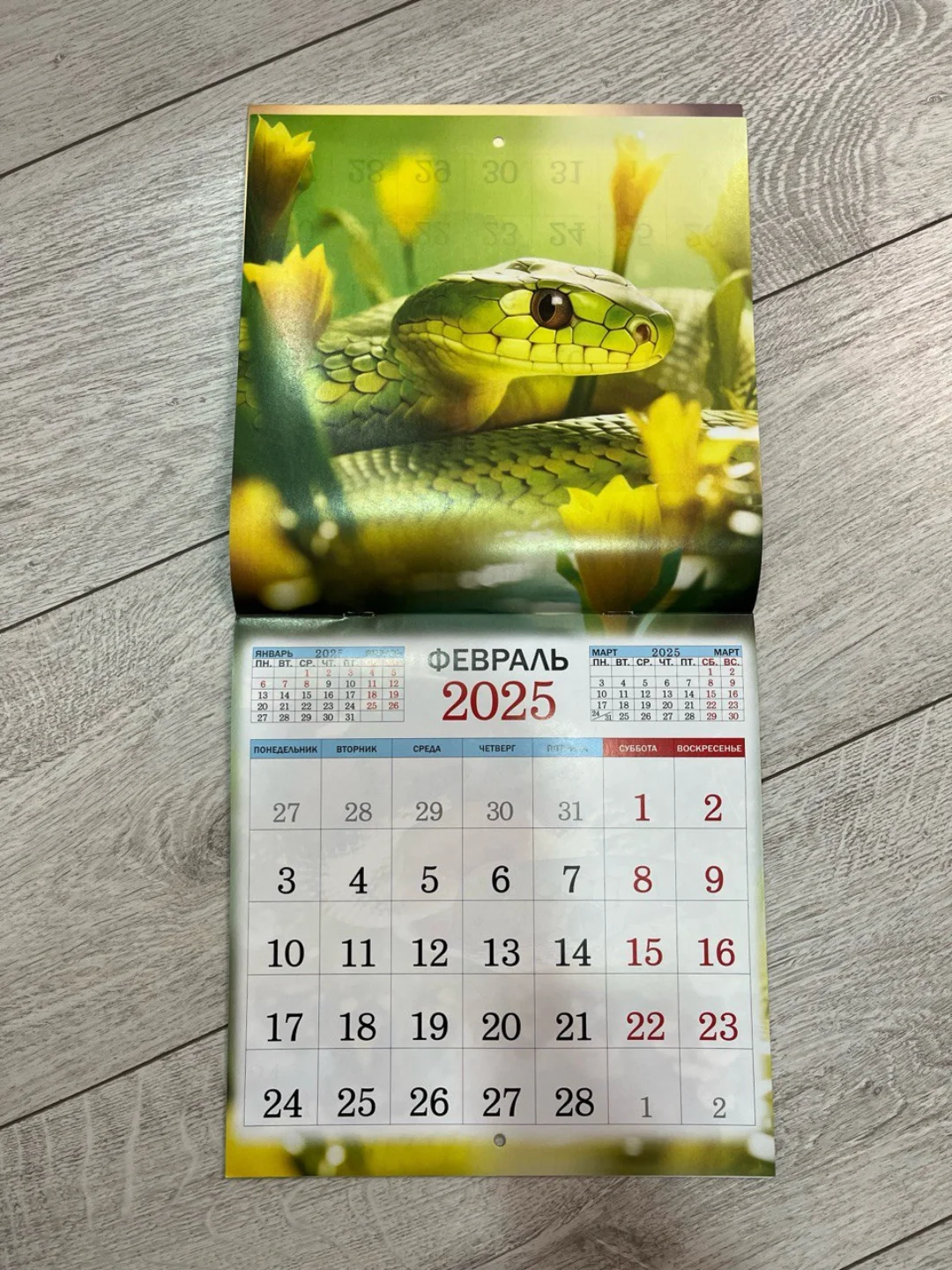 Лесной зеленый календарь 2025 настенный, перекидной, Символ года Змея