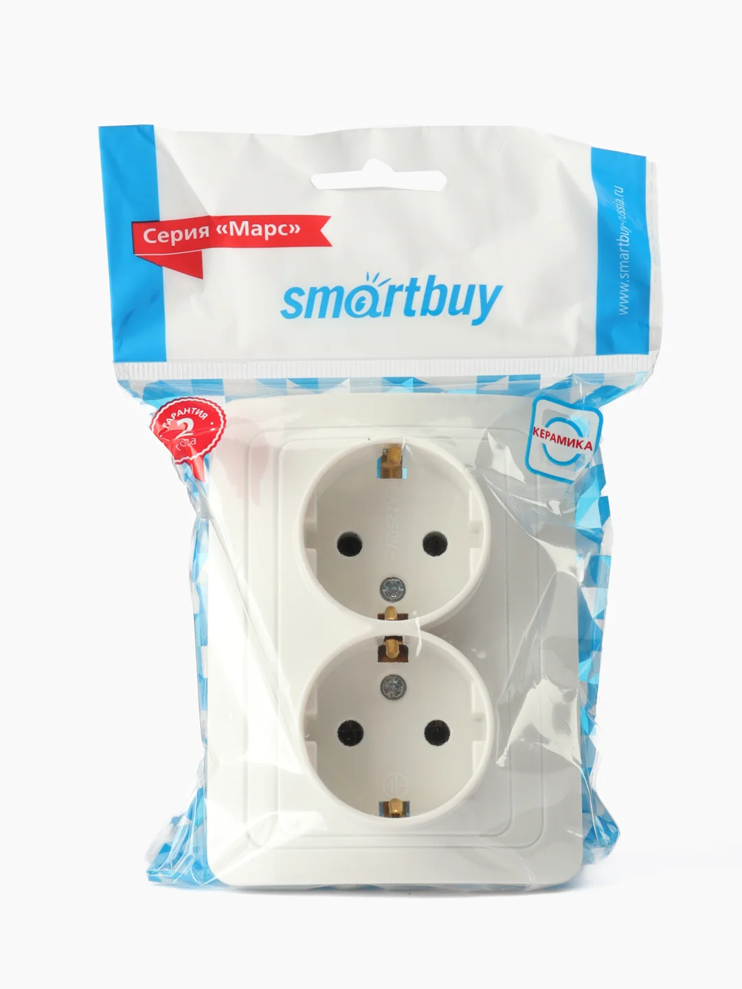 Розетка Smartbuy SBE-02w-16-S2-Z-c, 2 гнезда, 16А, керамика, с заземлением, белая