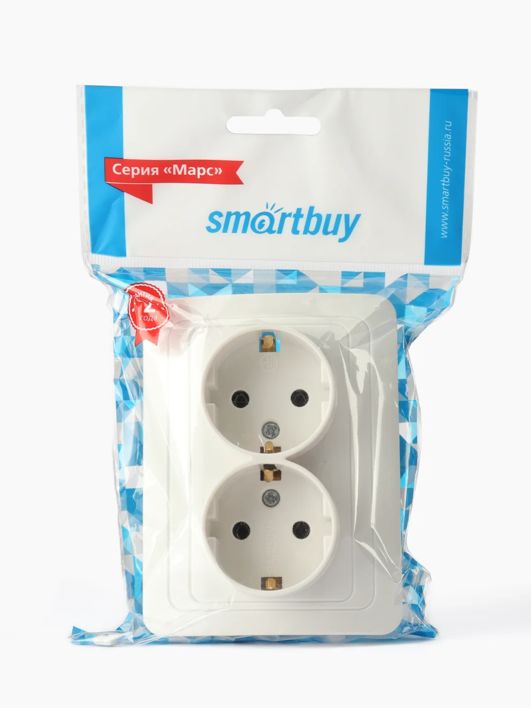 Розетка Smartbuy SBE-02w-16-S2-Z, 2 гнезда, 16А, с заземлением, белая
