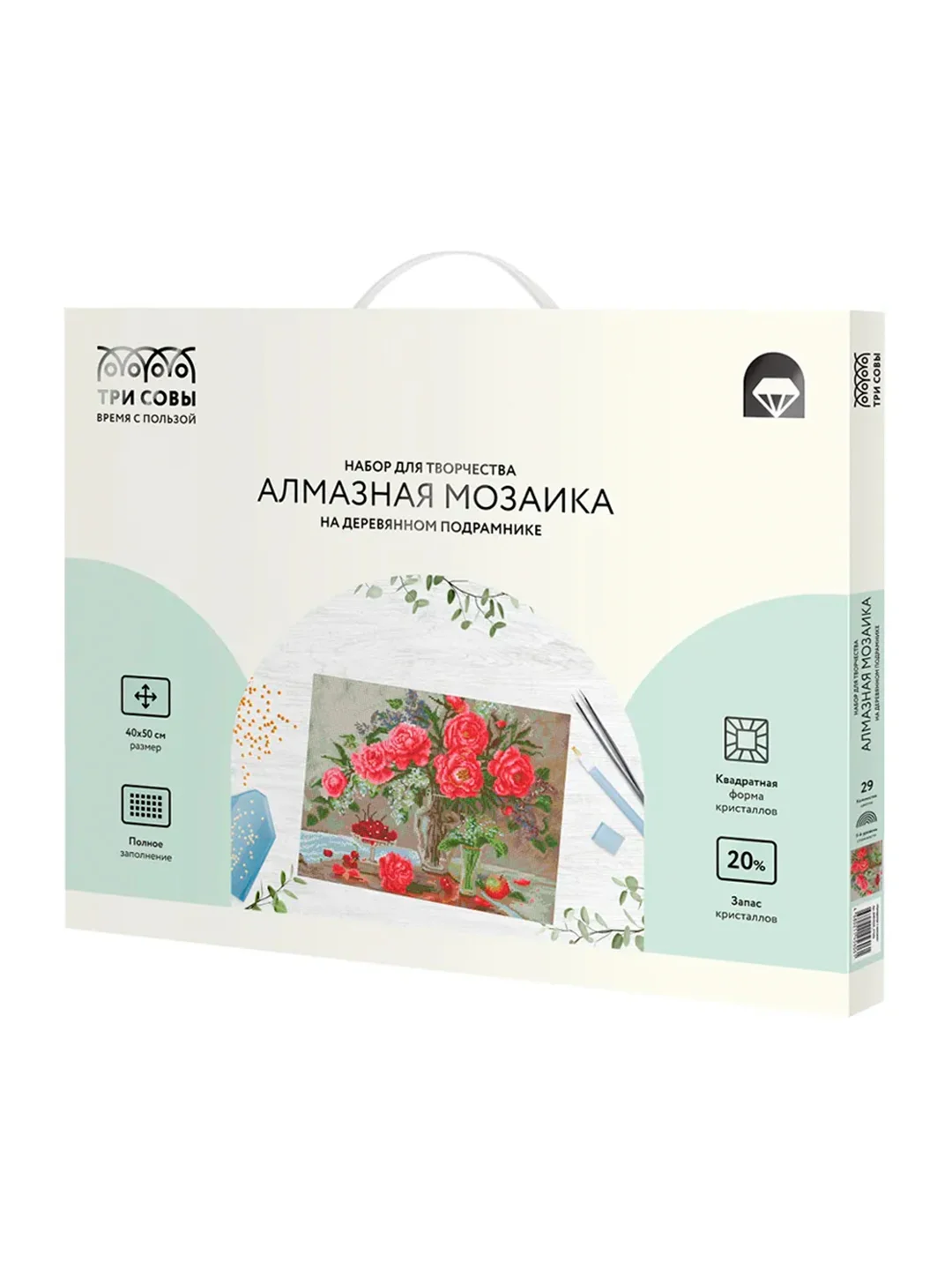 Алмазная мозаика Три совы "Натюрморт с пионами", холст на деревянном подрамнике, 40х50 см