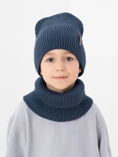 Голубой зимний комплект для мальчика 5- 12 лет . Зимняя шапка для мальчика