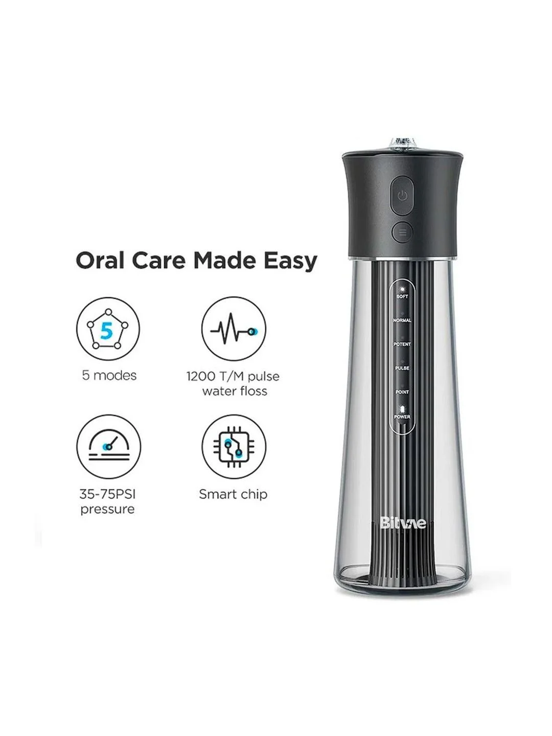 Черный ирригатор для полости рта портативный Bitvae F30 Water Flosser. 6 насадок, 70 дней работы