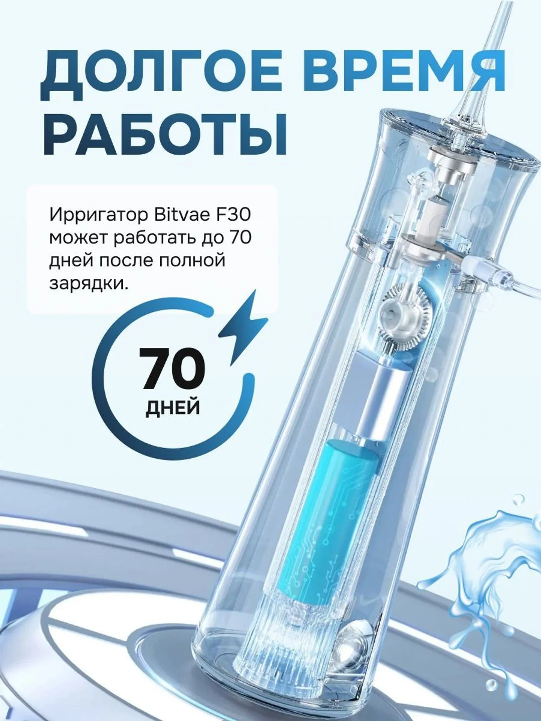 Черный ирригатор для полости рта портативный Bitvae F30 Water Flosser. 6 насадок, 70 дней работы