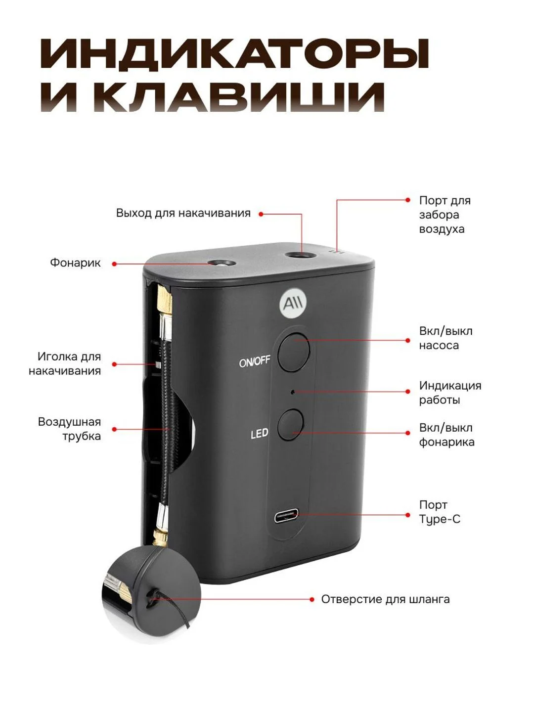 Электронасос для мячей , 20 PSI, дисплей , 1200мАч c функцией фонарика (AVA-AIR-006 Black)