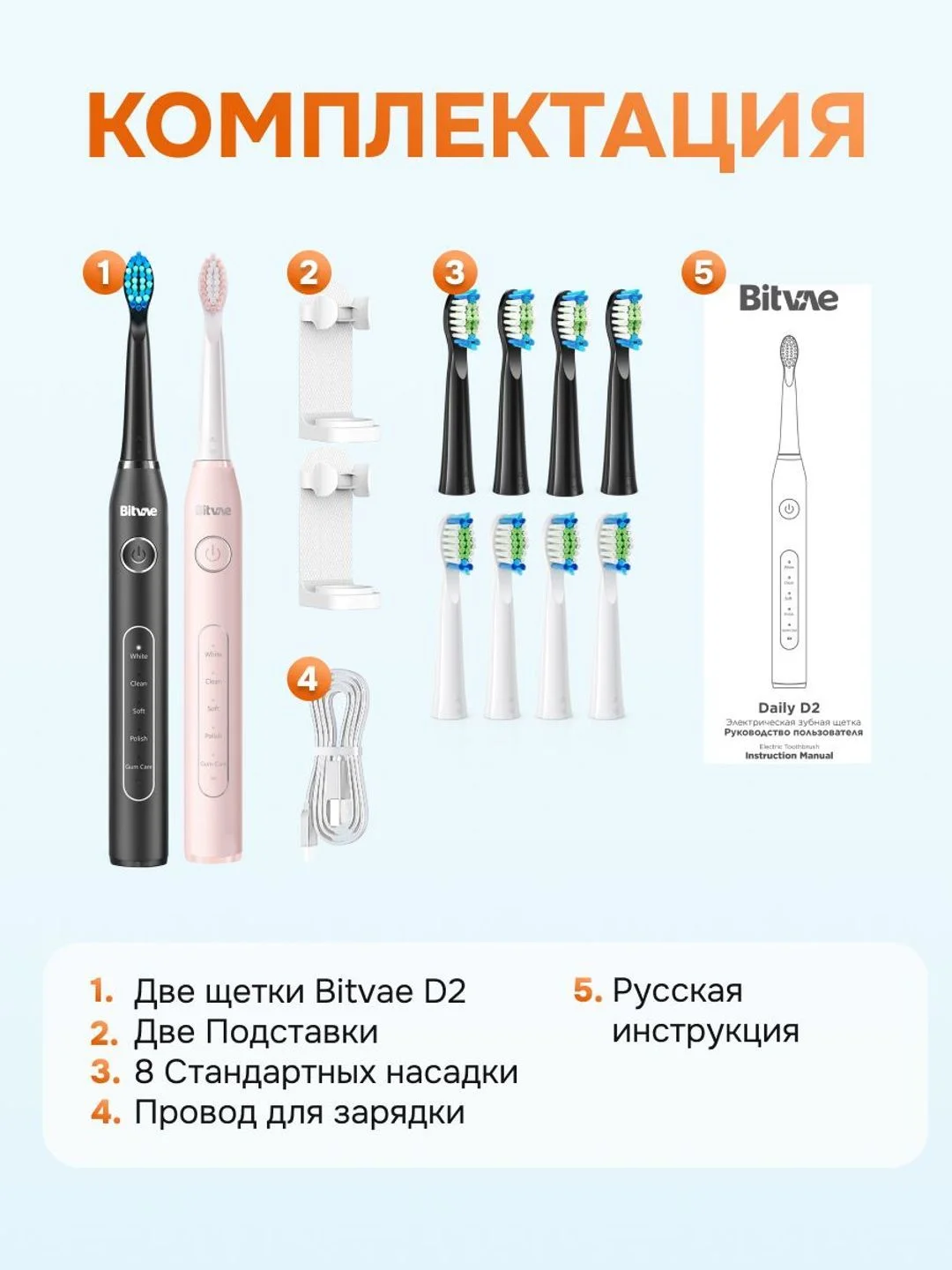 Черный электрическая зубная щетка массажная - семейный набор Bitvae D2 (D2+D2 Bundle B+P)