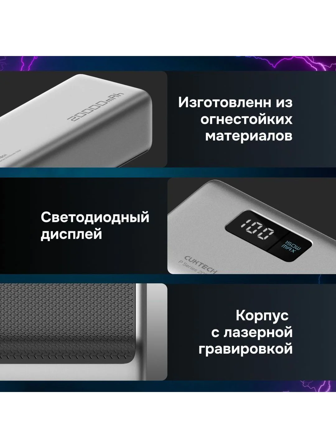 Тёмно-серый power Bank Cuktech P Series 20000 мАч QC 3.0 PD3.0 2xUSBA+1xType-C+ LED Disp