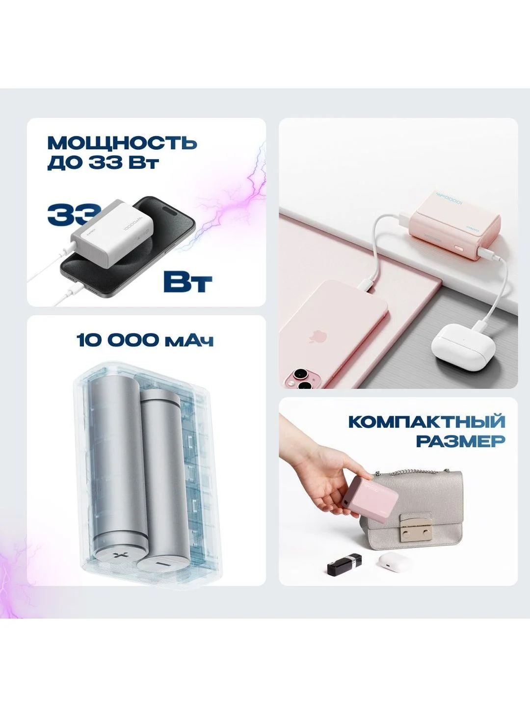 Розовый внешний аккумулятор Power Bank Cuktech 10000 мАч 30Вт 3A QC 3.0 PD3.0 1xUSB-A+1xType-C
