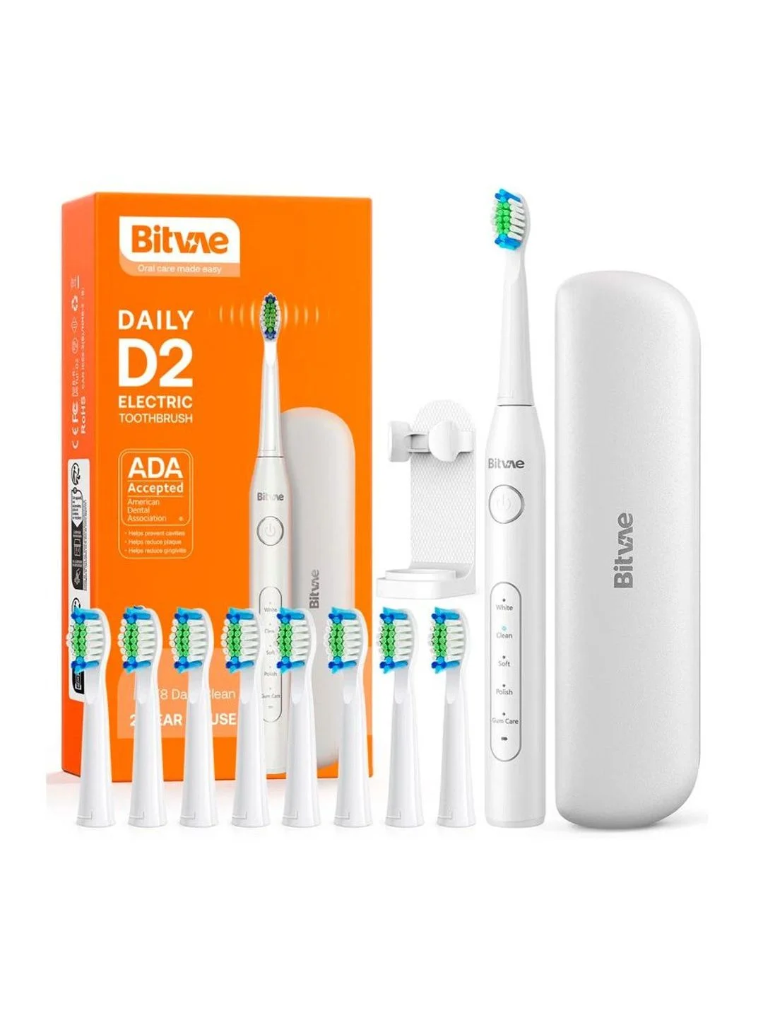 Белый электрическая зубная щетка массажная для полости рта Bitvae D2 Toothbrush + Case+8 Heads