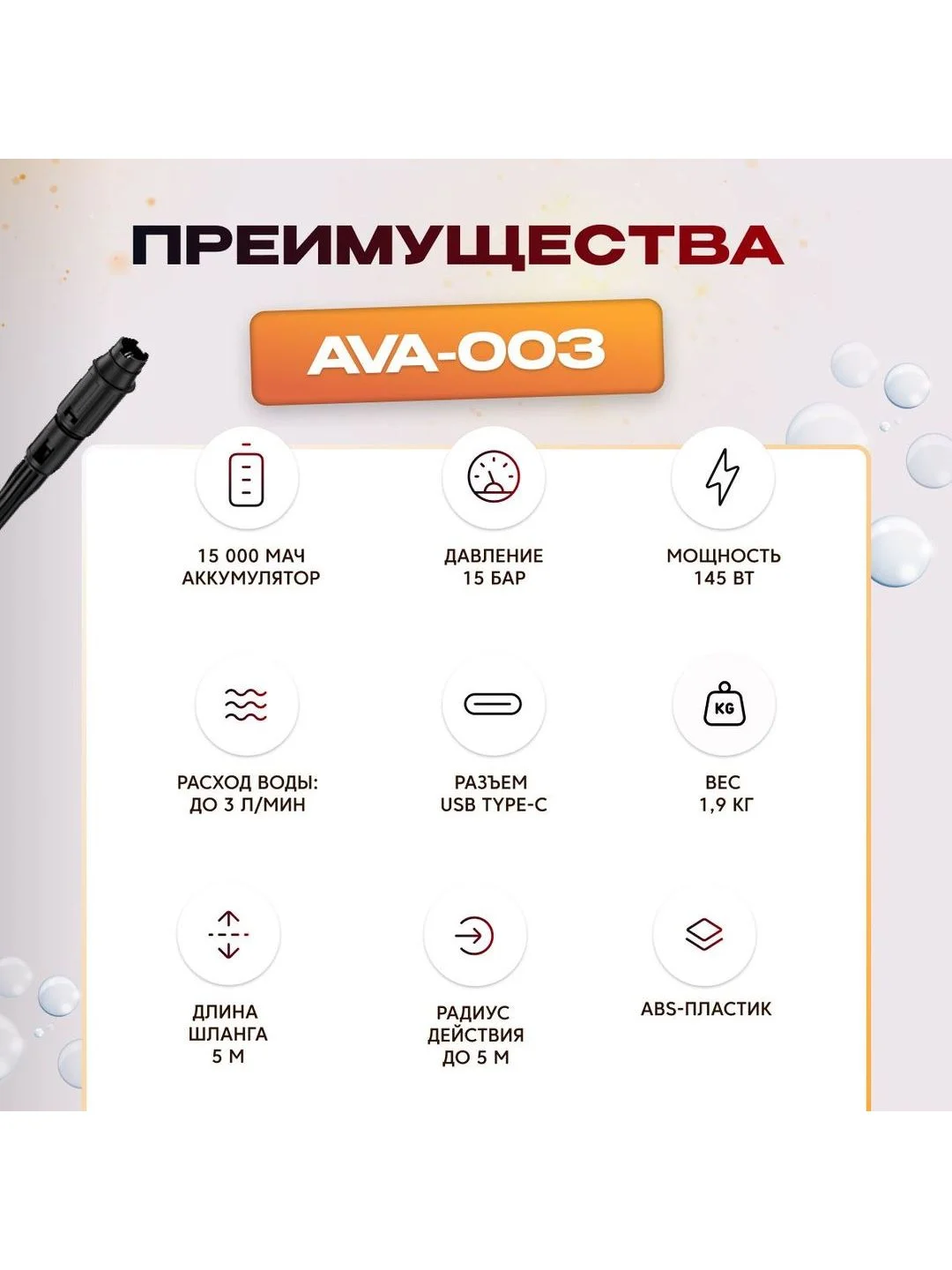 Аккумуляторная мойка высокого давления Avalonica, AVA-CW-003, 15 бар, 145 Вт