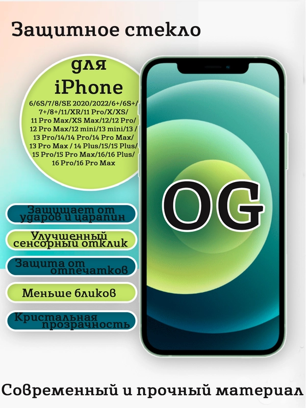 Защитное OG стекло с олеофобным покрытием для iPhone 16 15 14 13 12 11 Pro Max XR X 8 7 6