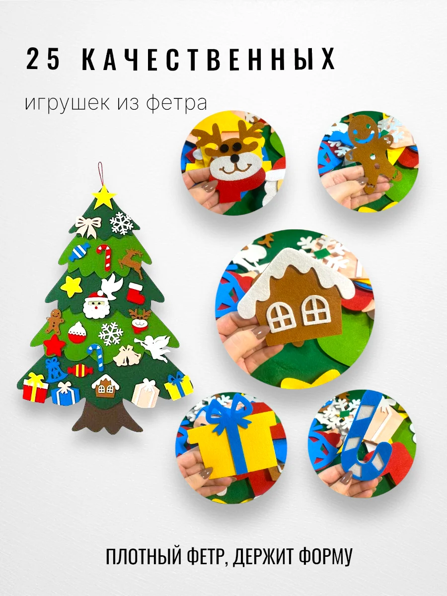 Елка новогодняя из фетра с игрушками на липучках для детей, на подарок, адвент-календарь