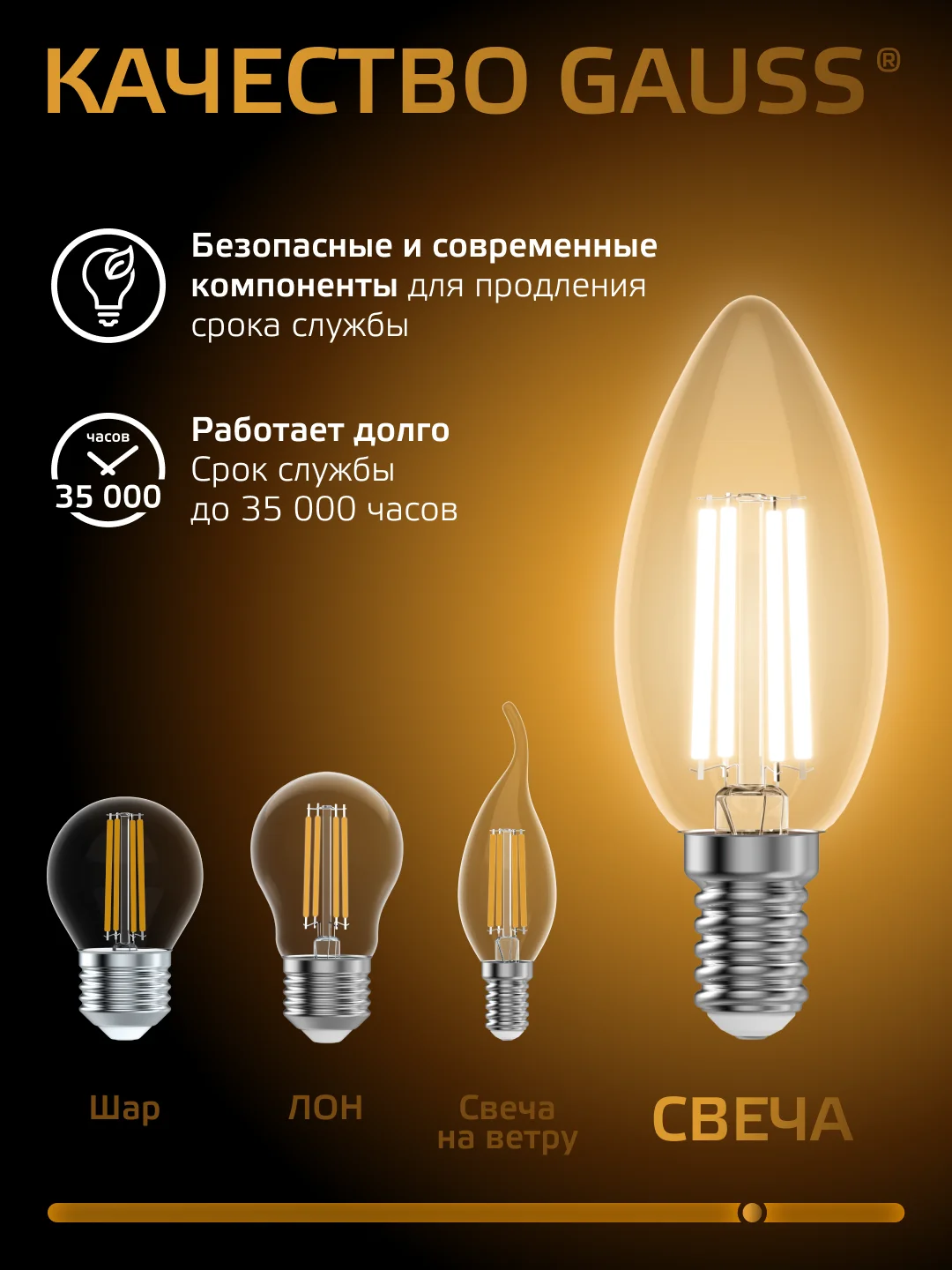 Лампочка светодиодная E14 Свеча 11W теплый свет 2700К УПАКОВКА 10 шт. Gauss Filament
