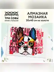 Алмазная мозаика Три совы "Стильный бульдог", холст, 30х40 см