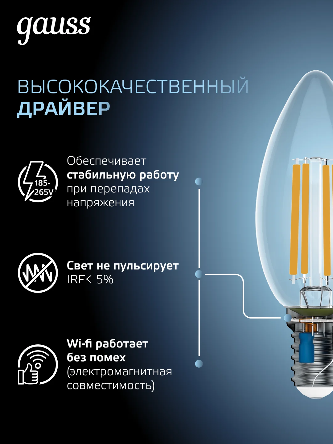 Лампочка светодиодная E14 Свеча 11W нейтральный свет 4100К УПАКОВКА 10 шт. Gauss Filament