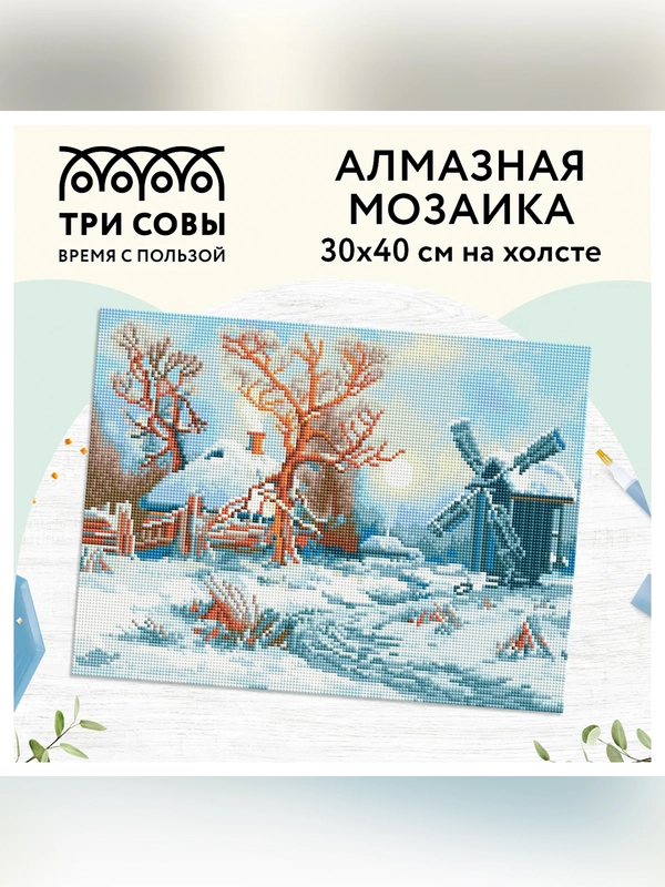 Алмазная мозаика ТРИ СОВЫ "Зима в деревне", 30х40 см, холст