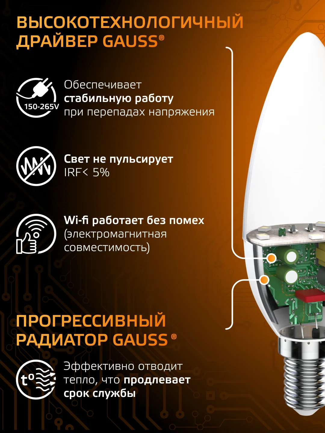 Лампочка светодиодная Е14 Свеча 9.5W теплый свет 3000К УПАКОВКА 10 шт. Gauss