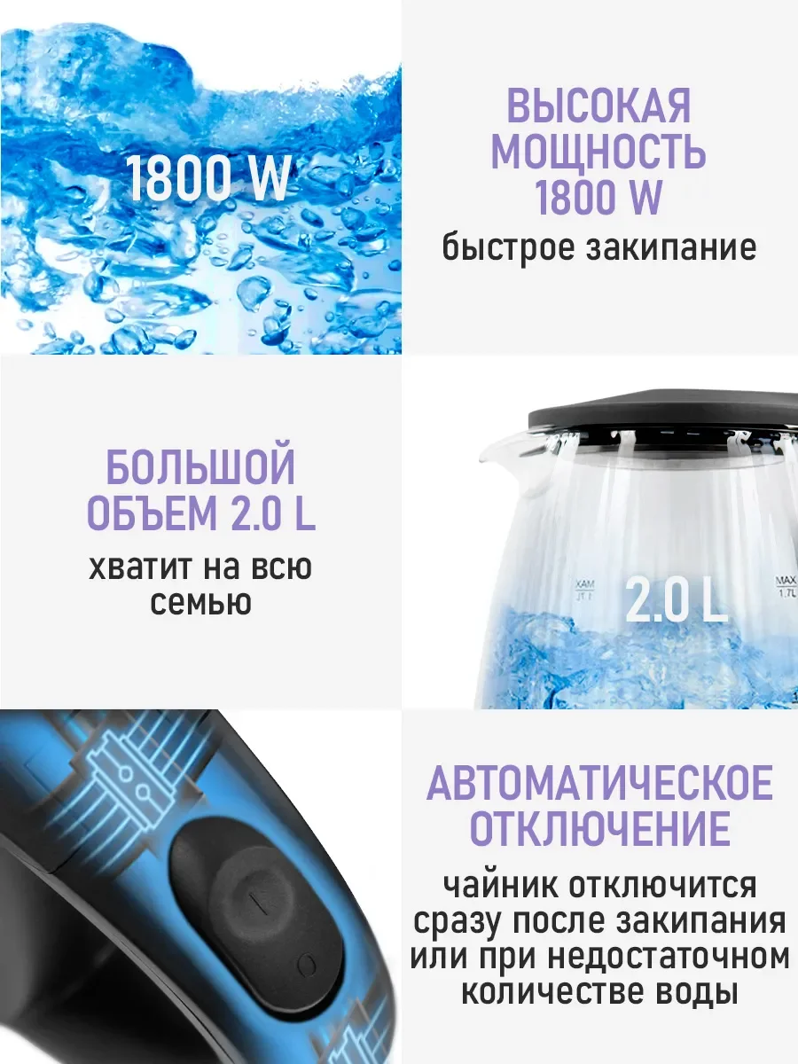 Черный электрический чайник LU-KT4115A 1800W, объем- 2л. черный