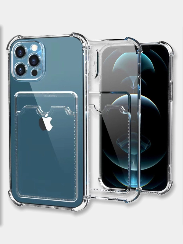 Чехол для iPhone (Айфон) 11, 14, 15, 16, 13, Pro, Max, 12, с карманом для карт, прозрачный