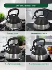 Черный чайник со свистком MARTA MT-3047 3 л, нерж. сталь, черный камень