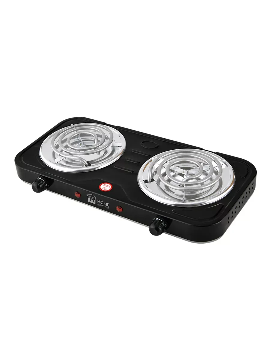 Серый металлик плитка электрическая настольная HOME ELEMENT HE-HP720B, 2 конфорки, d14, черный