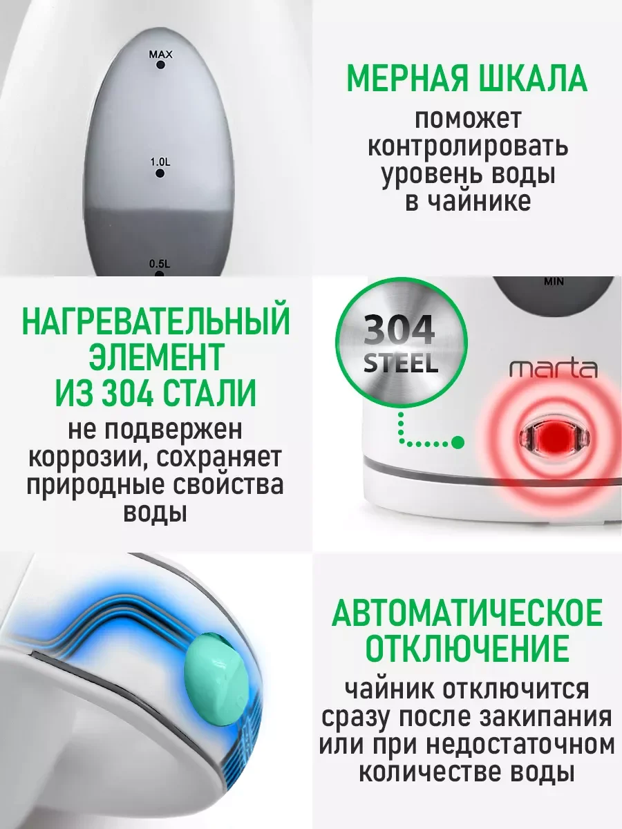 Белый электрический чайник MARTA MT-4638 / 2200W/ Объем-1,7л/ белый,ментол