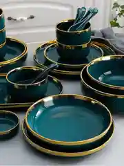 Зеленый набор керамической посуды для кухни декоративный, сервиз столовый