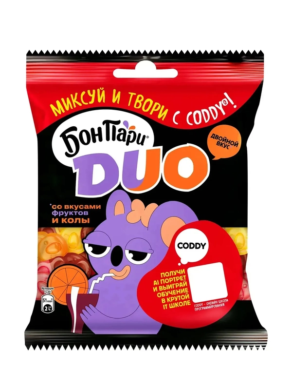 Мармелад жевательный Бон Пари DUO, со вкусами фруктов и колы, 100 г