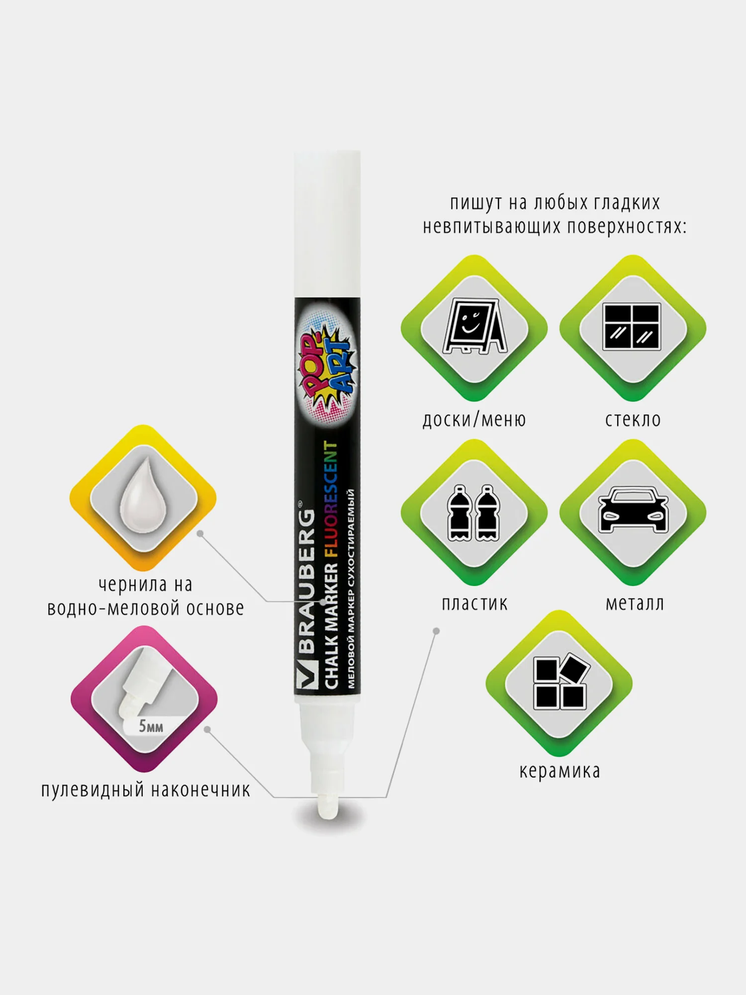 Маркеры меловые Brauberg Pop-art, 880742, фломастеры белые стираемые для доски, набор 8 шт