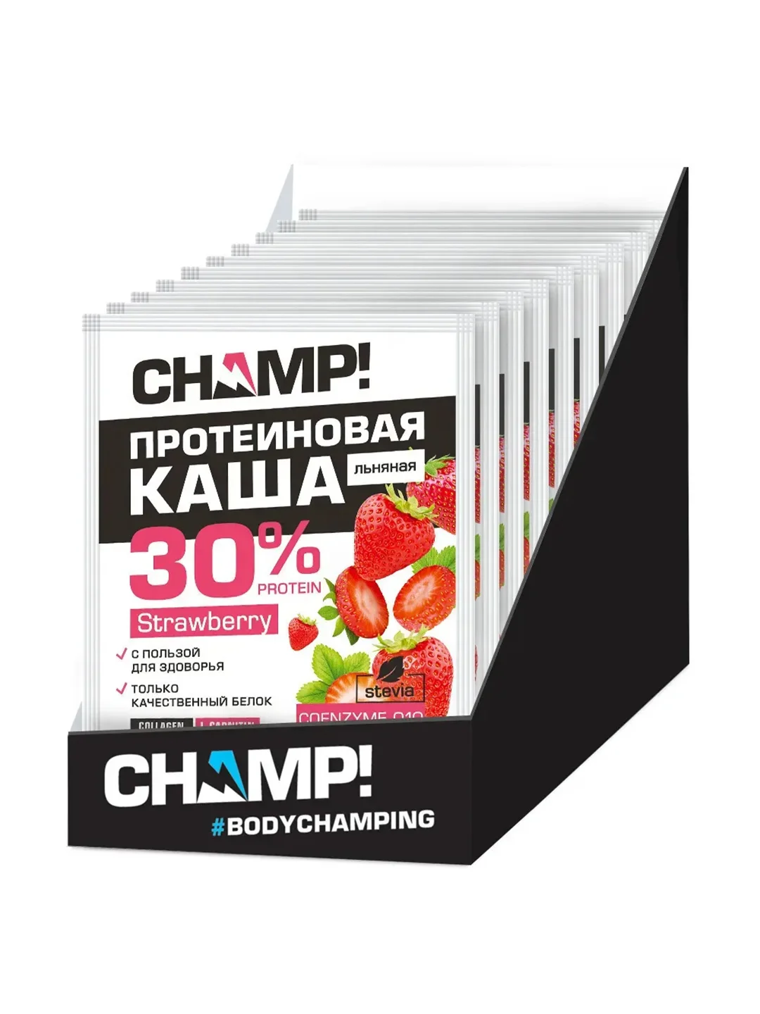 Каша Леовит Champ Клубничная, протеиновая, льняная, с коэнзимом Q10, 10 пакетов по 40 г