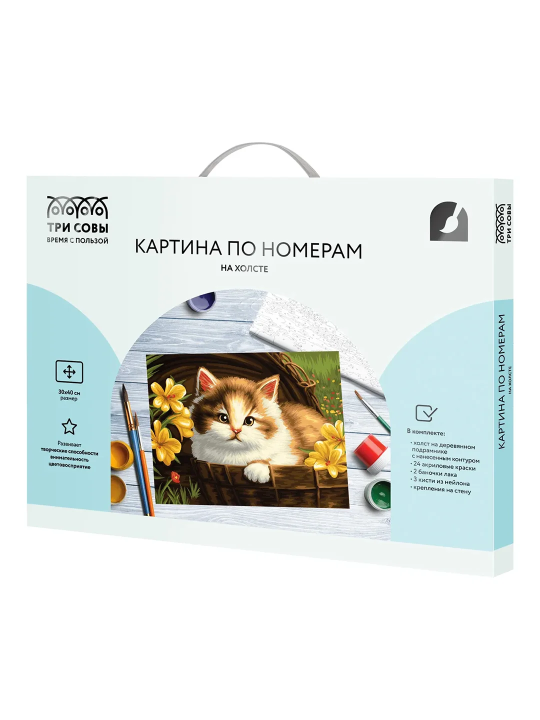 Картина по номерам на холсте Три совы "Котенок в корзине", с красками и кистями, 30х40 см