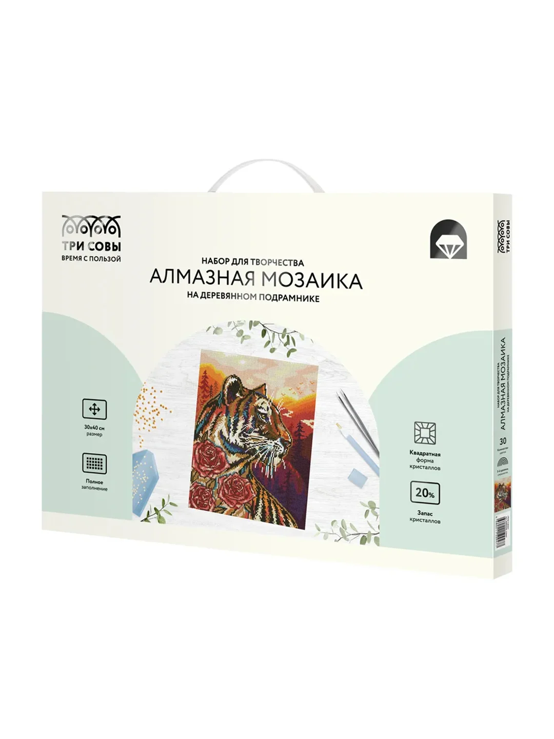 Алмазная мозаика Три совы "Тигр и розы", холст на деревянном подрамнике, 30х40 см