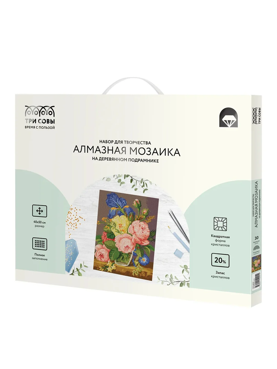Алмазная мозаика Три совы "Букет цветов", холст на деревянном подрамнике, 40х50 см