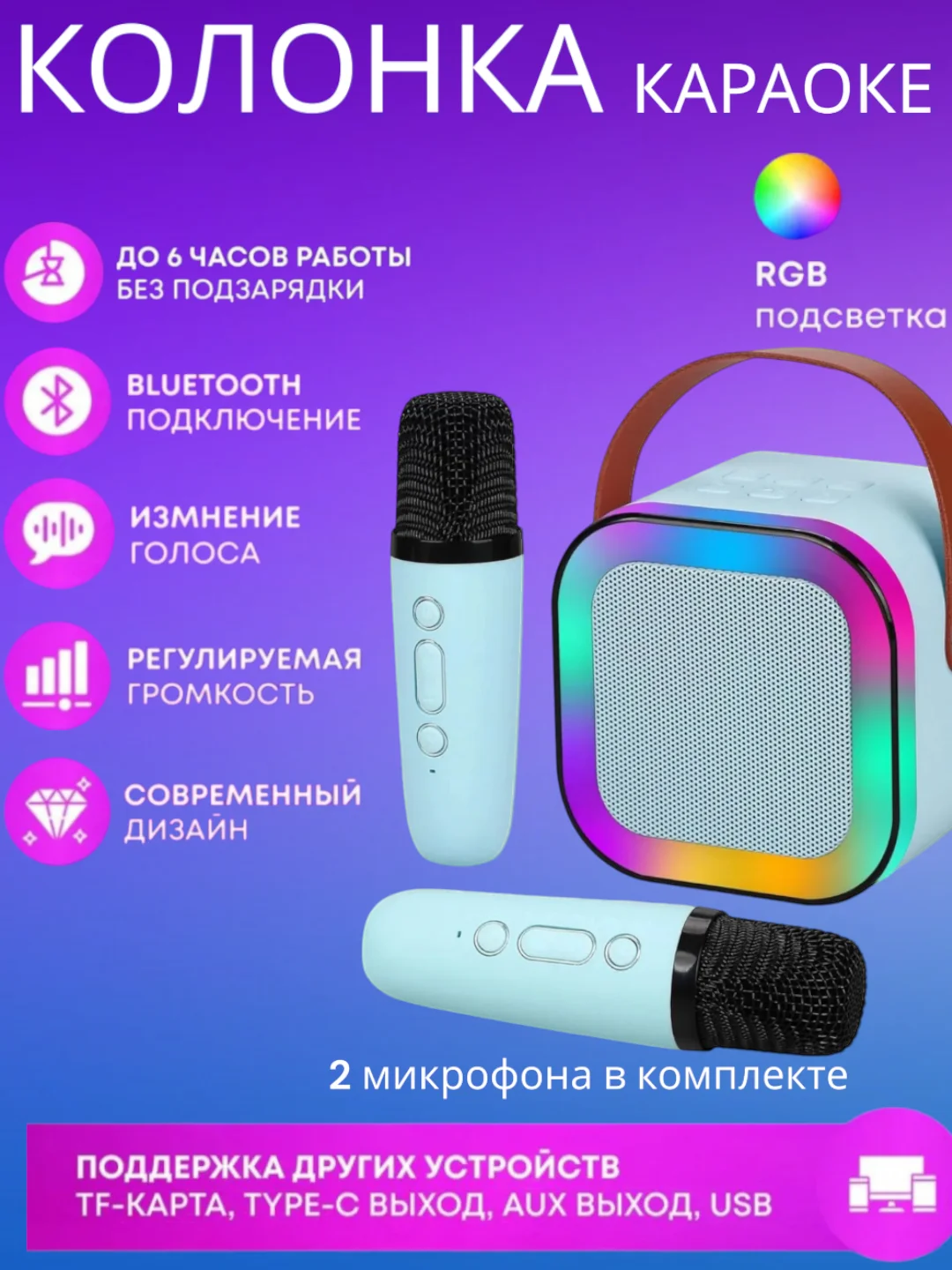 Голубой портативная колонка караоке с 2-мя микрофонами и подсветкой, блютуз. Детская колонка
