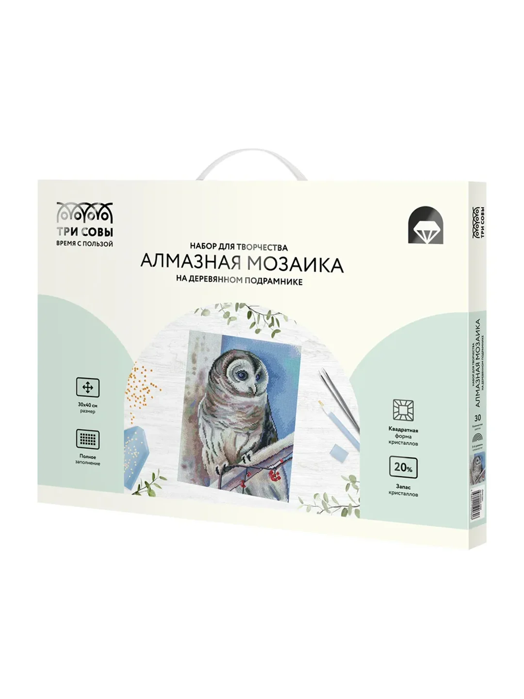 Алмазная мозаика Три совы "Белая сова", холст на деревянном подрамнике, 30х40 см