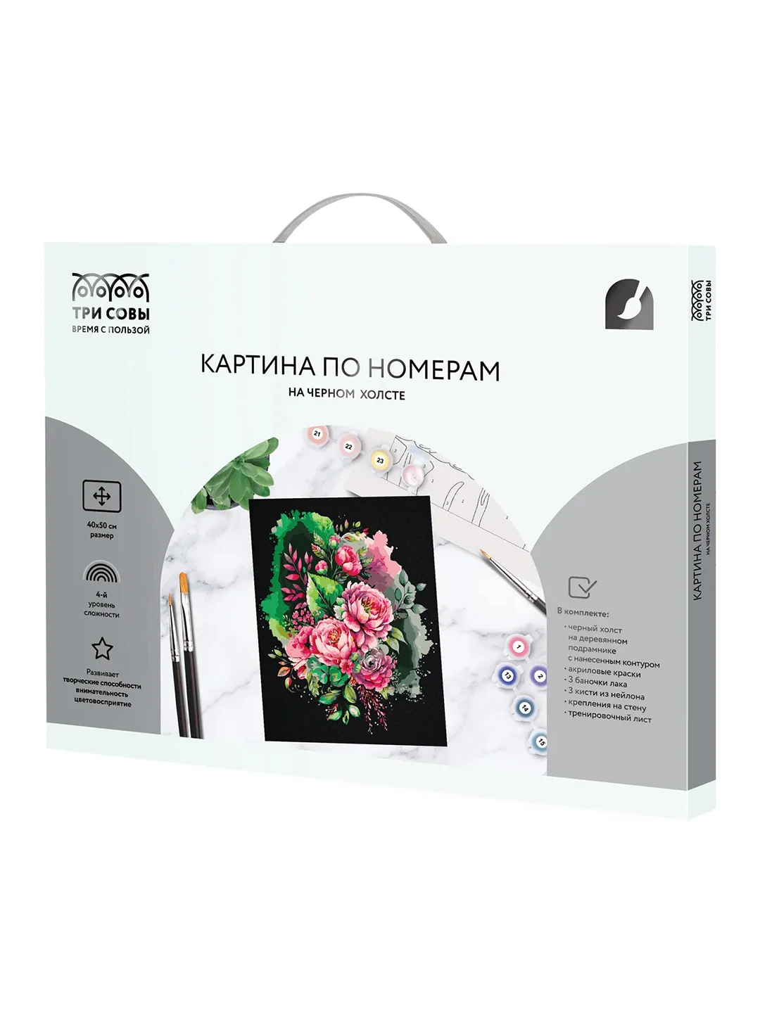 Картина по номерам на черном холсте Три совы "Розовый букет", c краскам, 40х50 см