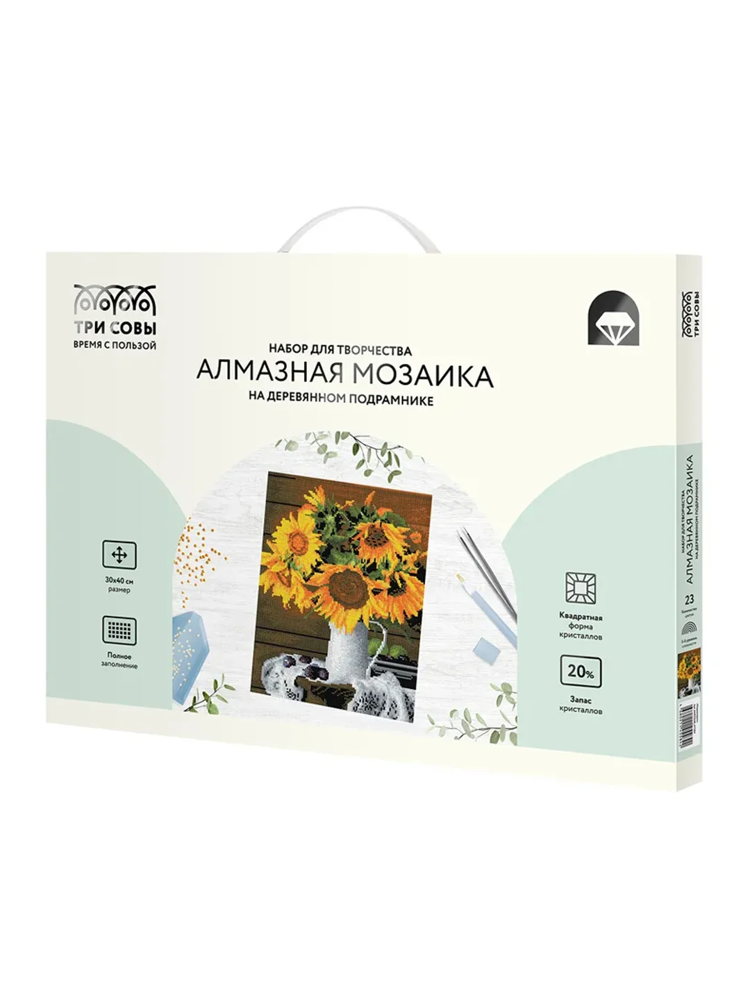 Алмазная мозаика Три совы "Подсолнухи", холст на деревянном подрамнике, 30х40 см