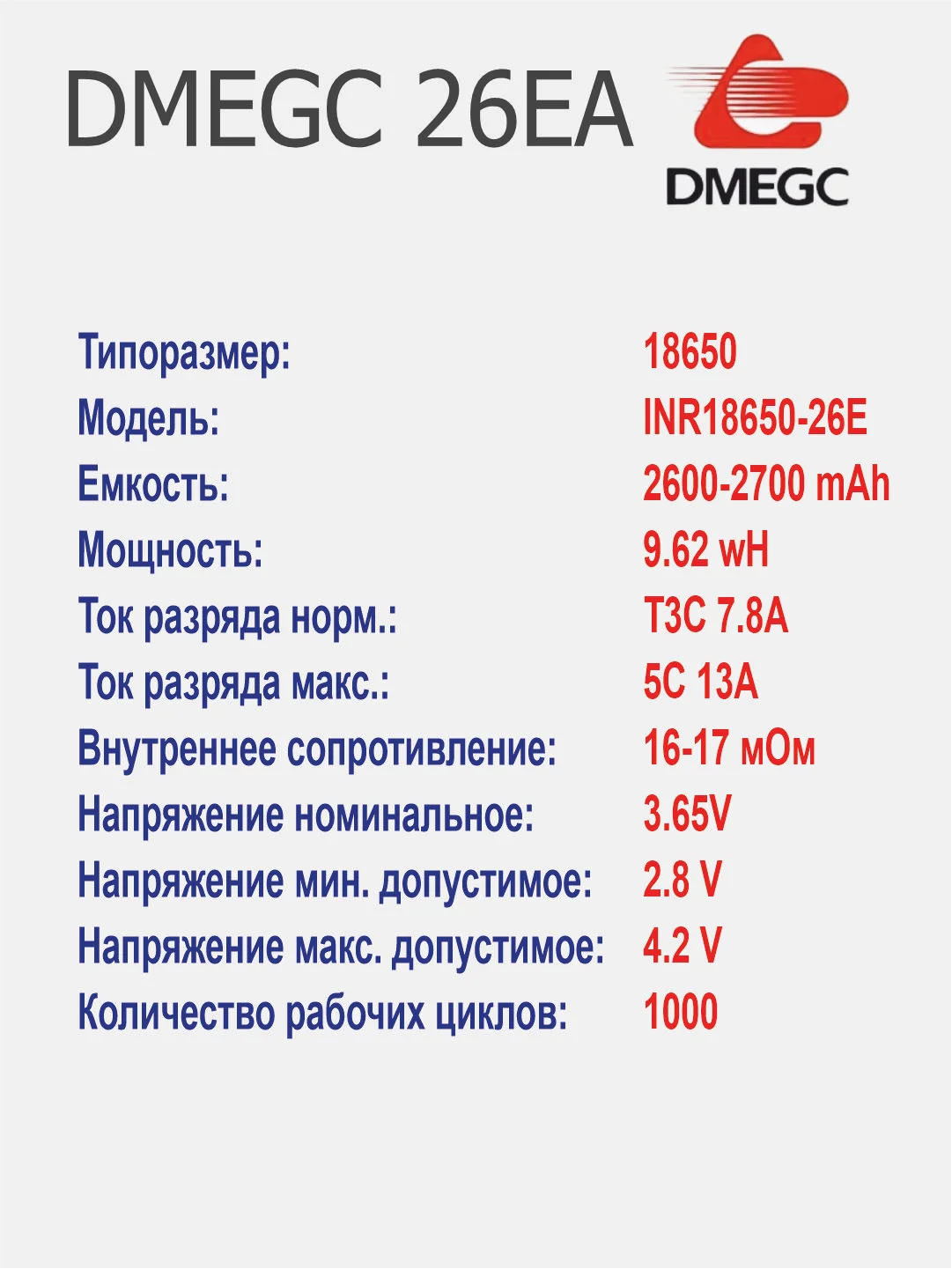 Высокотоковый аккумулятор 18650 li-ion DMEGC 26EA 2600mAh, плоский плюсовой контакт