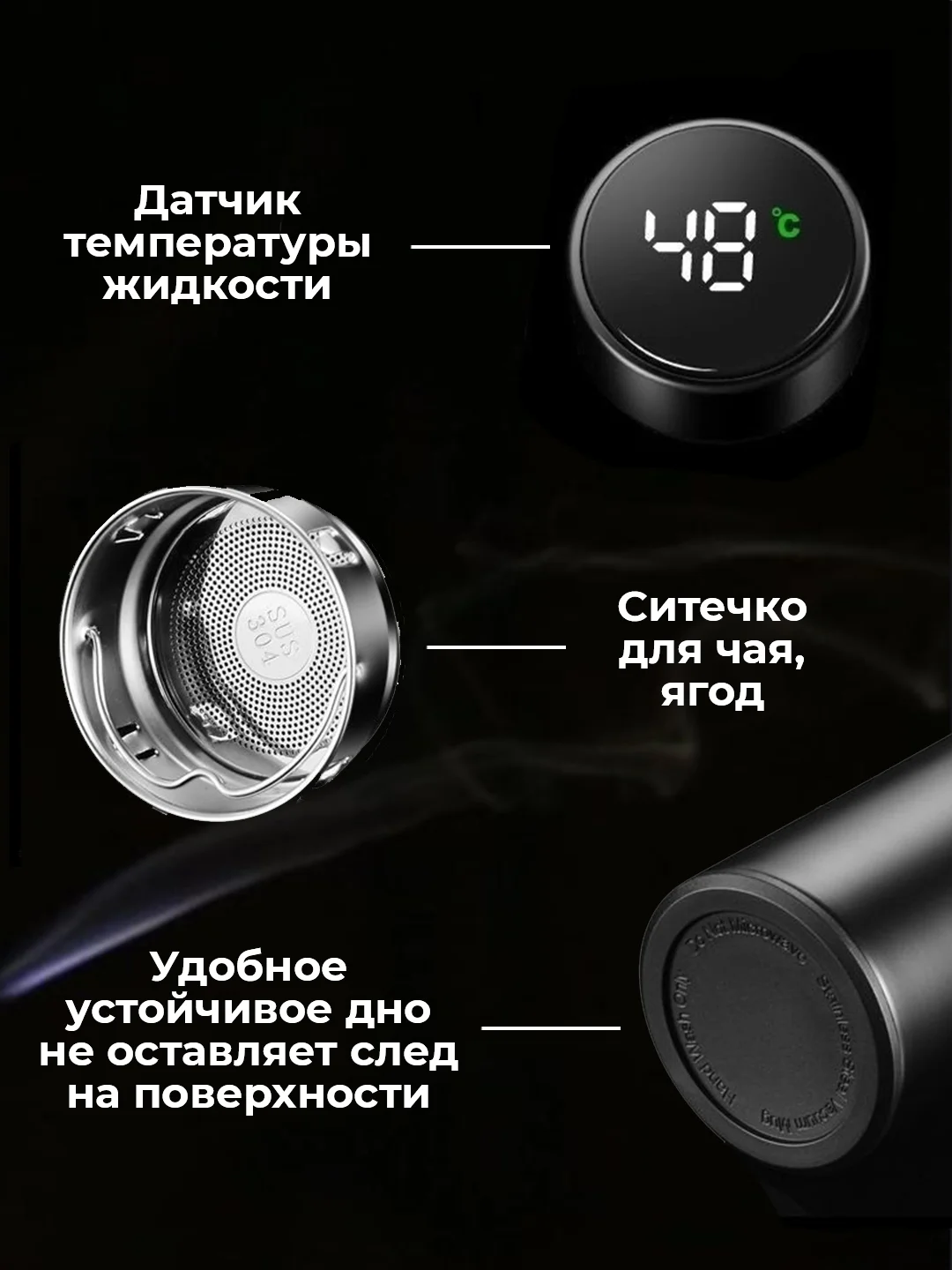 Черный термос с датчиком температуры мужской и женский для напитков: кофе, чай, 500 мл, подарок